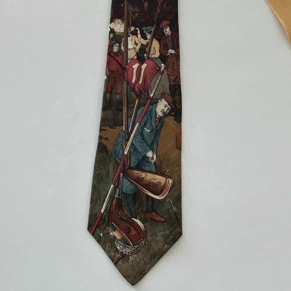 Polo By Ralph Lauren Golf Scene Neck Tie Gold Multicolor Silk Hand Made USA VTG